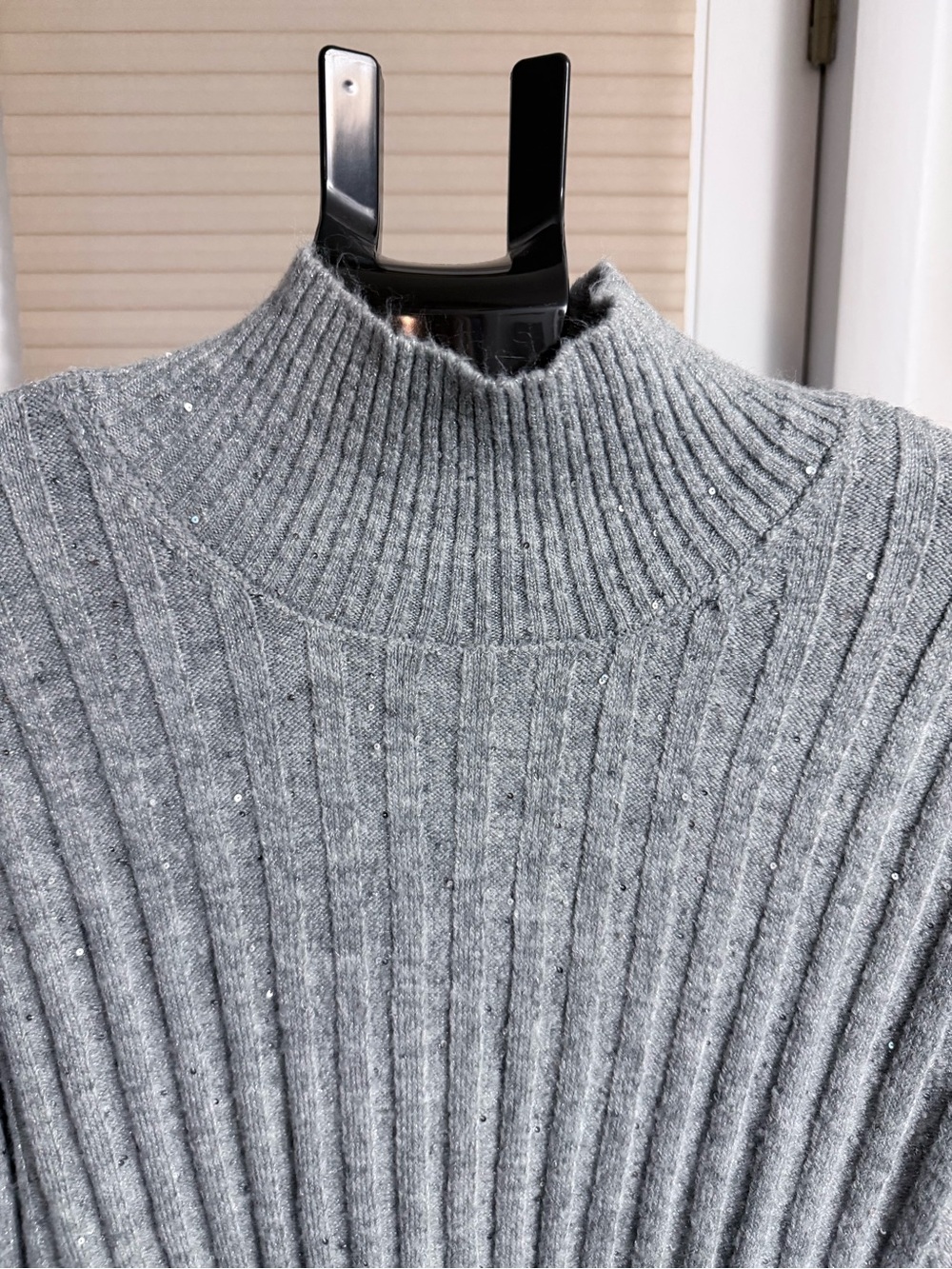 Ribbed Mock Neck Sweater Dress in Light Gray sequins cozy winter icy sparkle - Picture 2 of 12